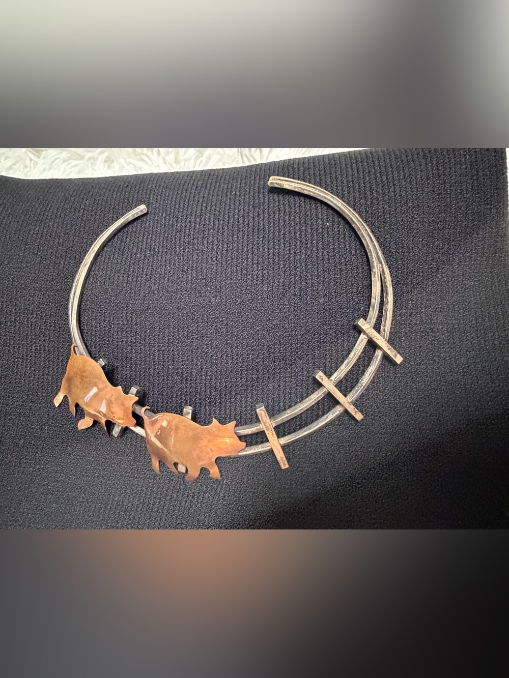 Handmade Mixed Metal Copper Pig Necklace Modernist Collar artisan bendable - Picture 1 of 4